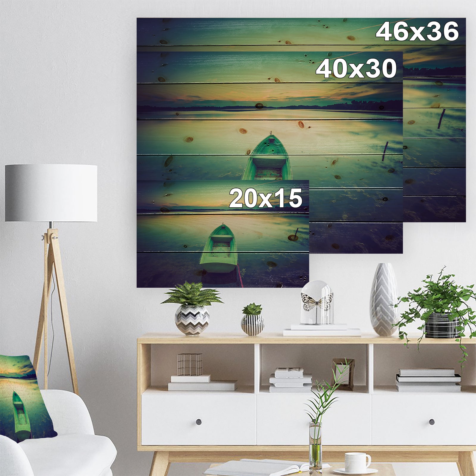 Boat at Sunset in Vintage Lake - Boat Print on Natural Pine Wood