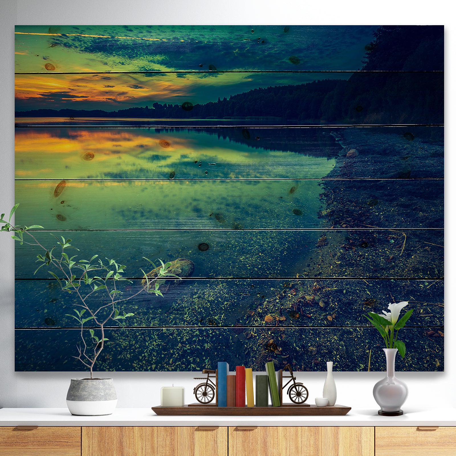 Dark Vintage Lake at Sunset - Boat Print on Natural Pine Wood