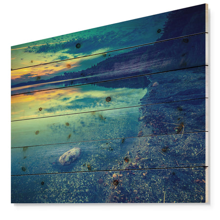 Dark Vintage Lake at Sunset - Boat Print on Natural Pine Wood