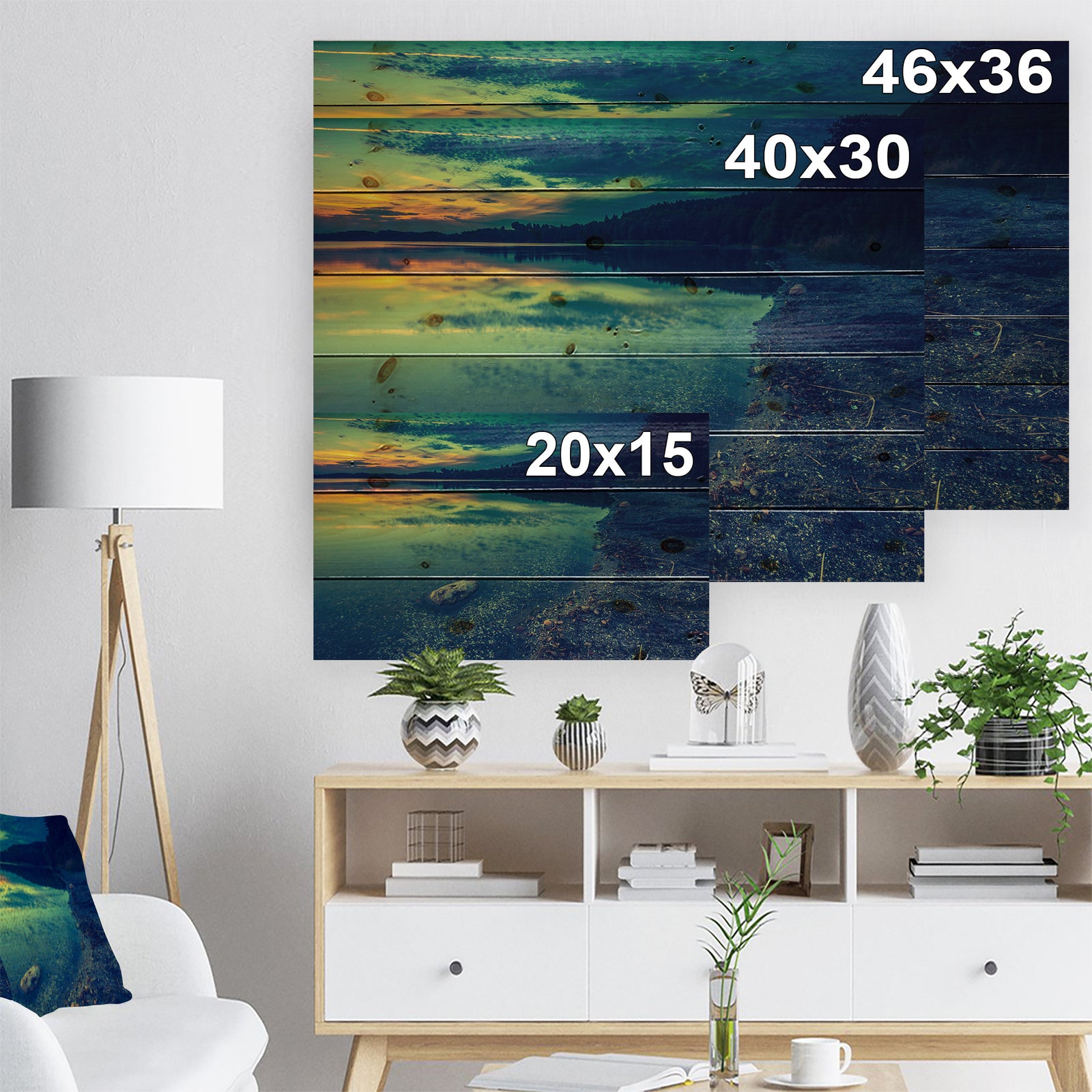 Dark Vintage Lake at Sunset - Boat Print on Natural Pine Wood