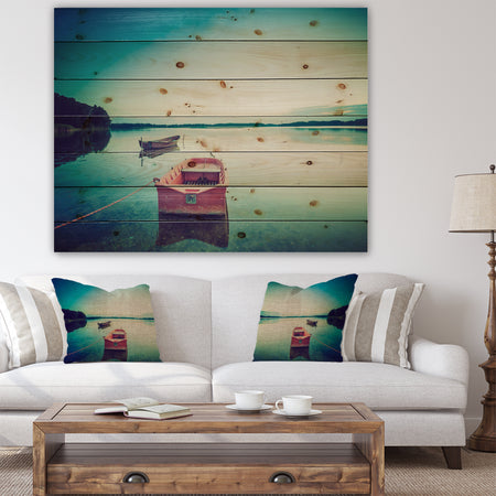 Pink Boat in Vintage Lake - Boat Print on Natural Pine Wood