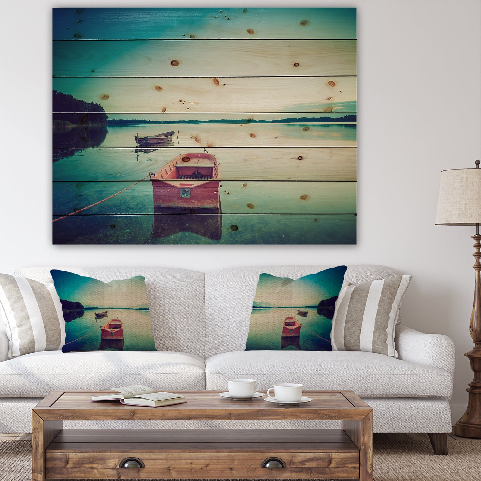 Pink Boat in Vintage Lake - Boat Print on Natural Pine Wood