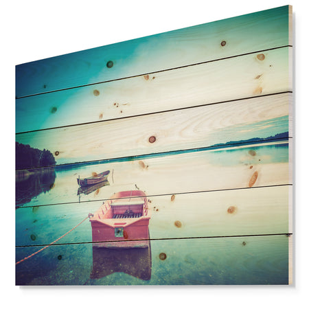 Pink Boat in Vintage Lake - Boat Print on Natural Pine Wood