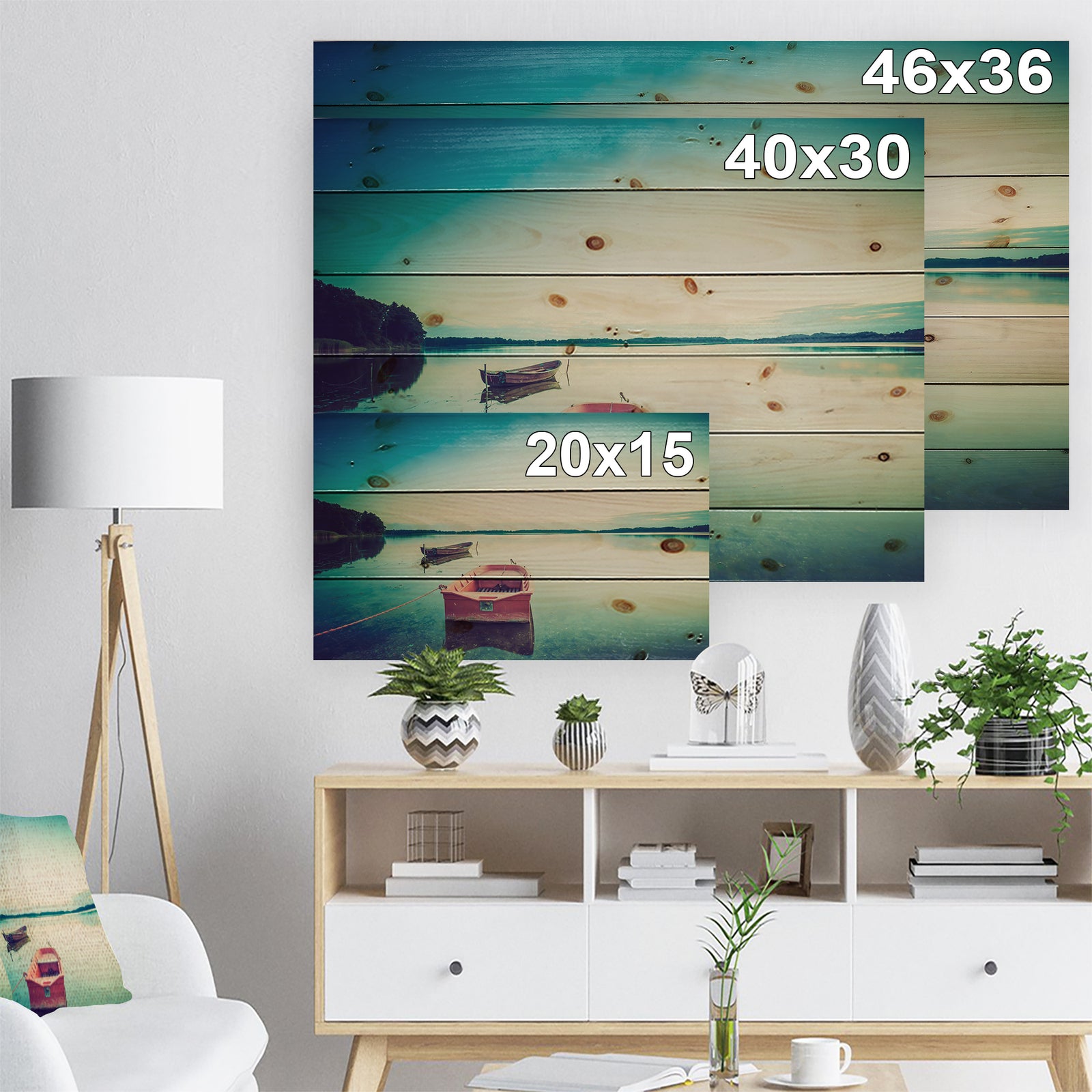 Pink Boat in Vintage Lake - Boat Print on Natural Pine Wood