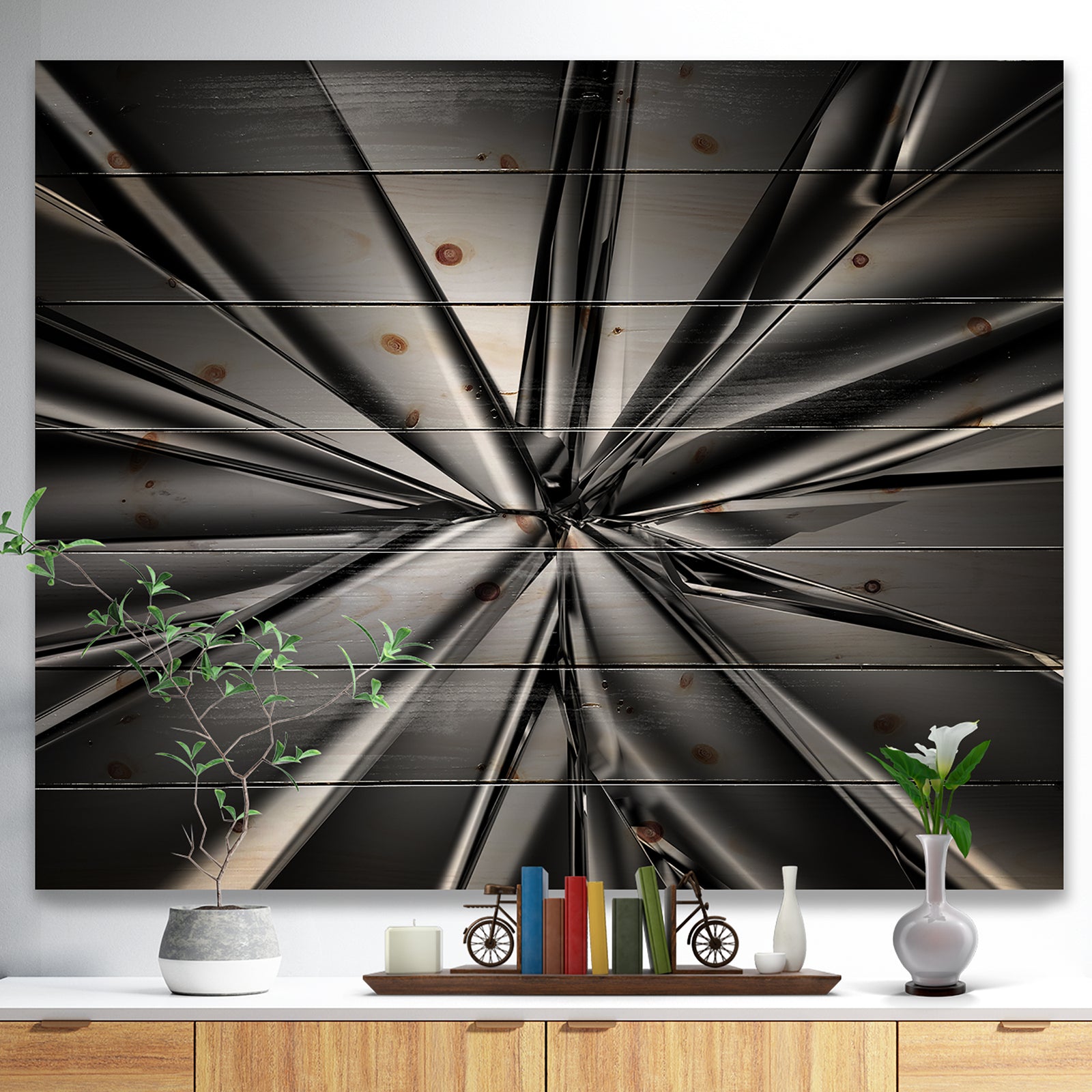 Futuristic Crystal Background - Abstract Print on Natural Pine Wood