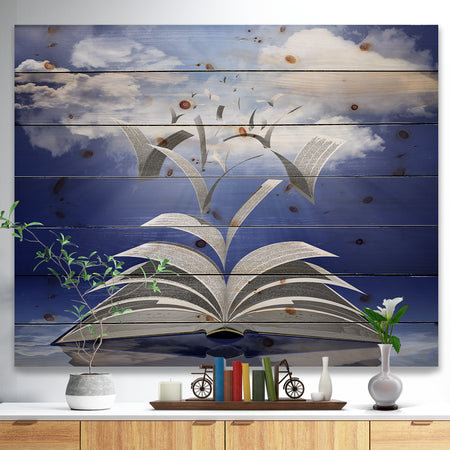 Book Pages Skyward - Abstract Print on Natural Pine Wood