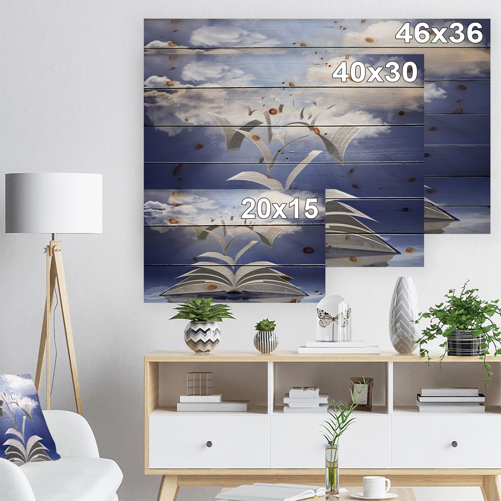 Book Pages Skyward - Abstract Print on Natural Pine Wood