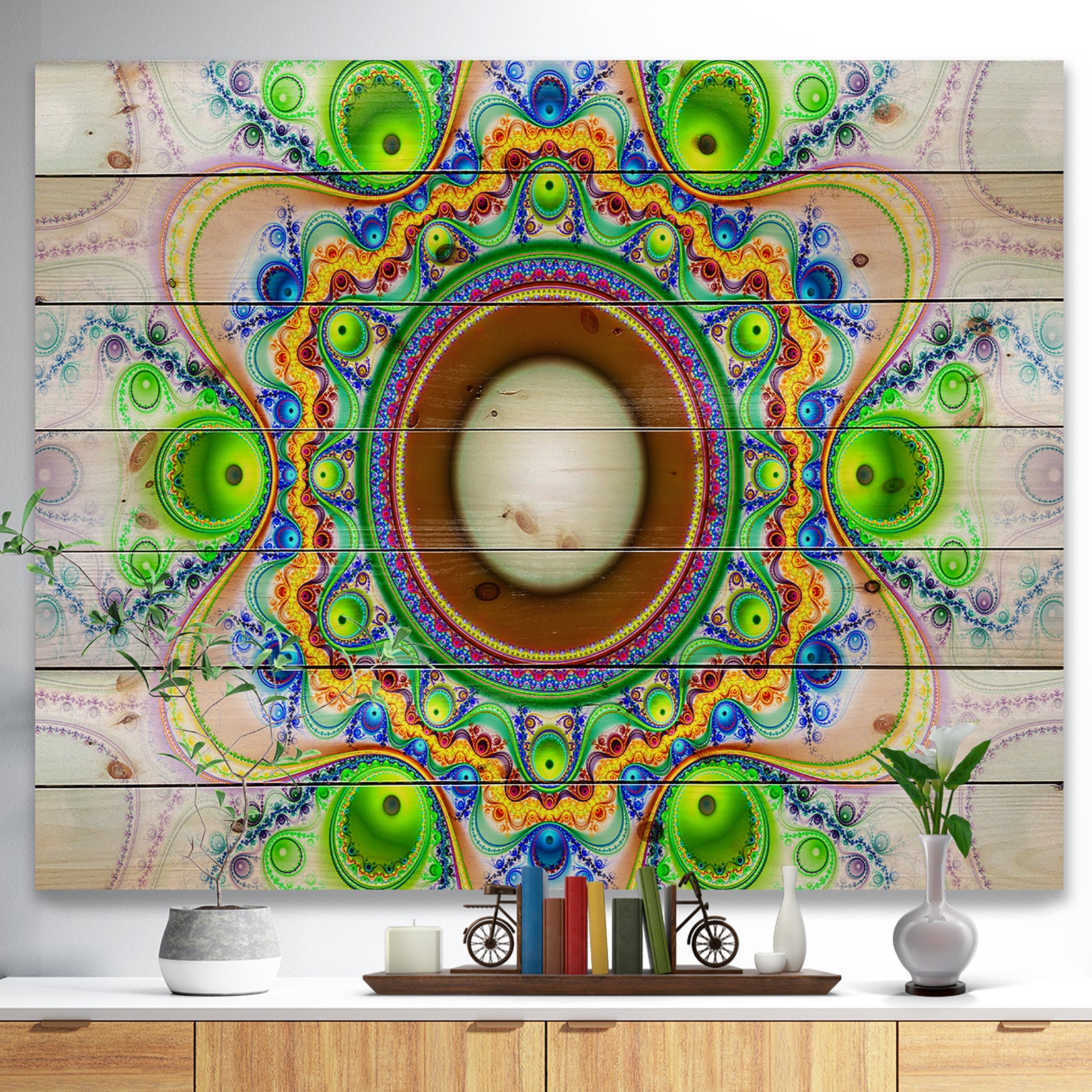 Green Fractal Circles and Waves - Abstract Print on Natural Pine Wood