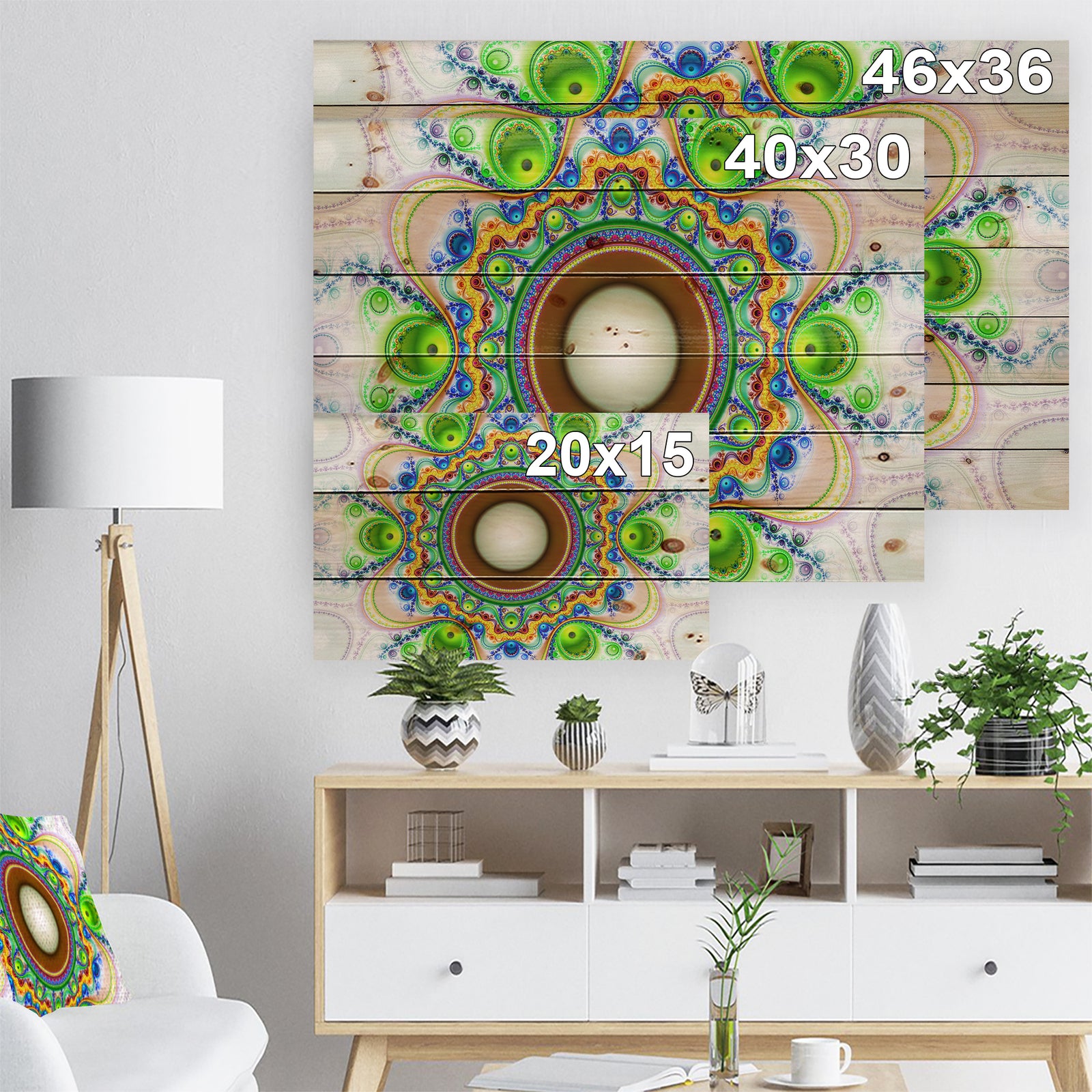 Green Fractal Circles and Waves - Abstract Print on Natural Pine Wood