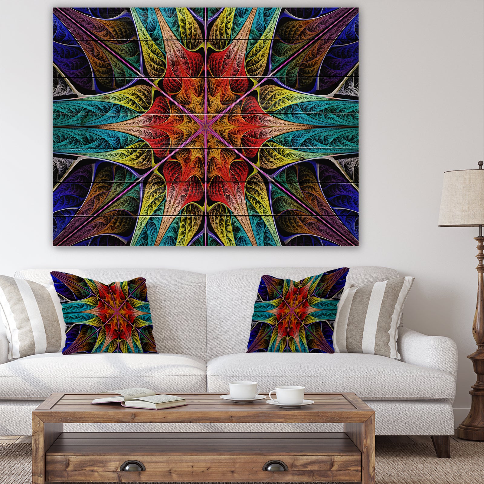 Colorful Fractal Stained Glass - Abstract Print on Natural Pine Wood