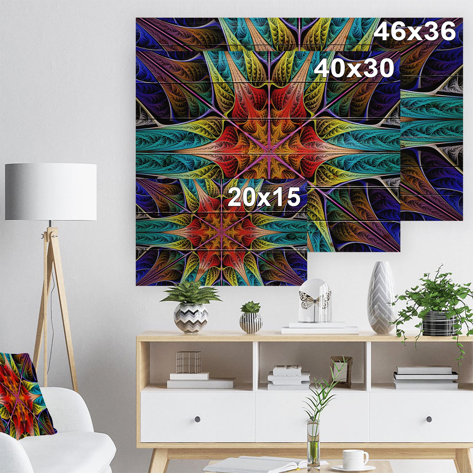 Colorful Fractal Stained Glass - Abstract Print on Natural Pine Wood