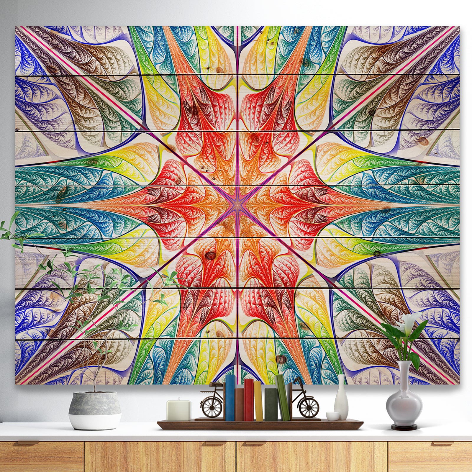 Multi Color Fractal Circles and Waves - Abstract Print on Natural Pine Wood