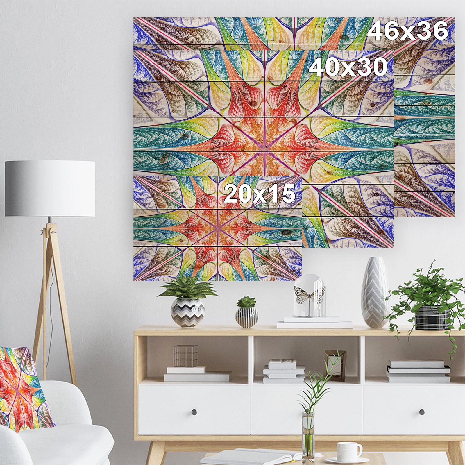 Multi Color Fractal Circles and Waves - Abstract Print on Natural Pine Wood