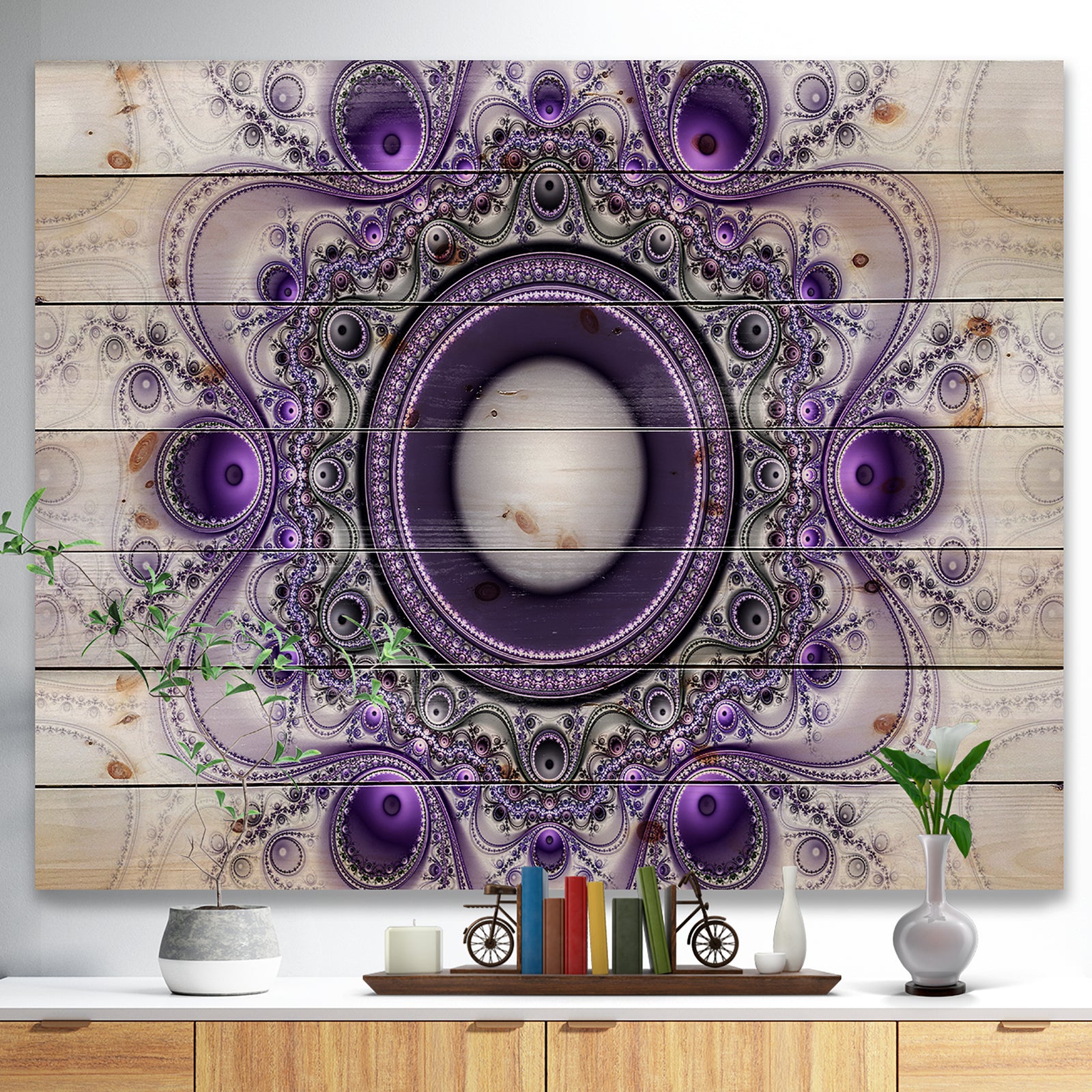 Purple Fractal Pattern with Circles - Abstract Print on Natural Pine Wood