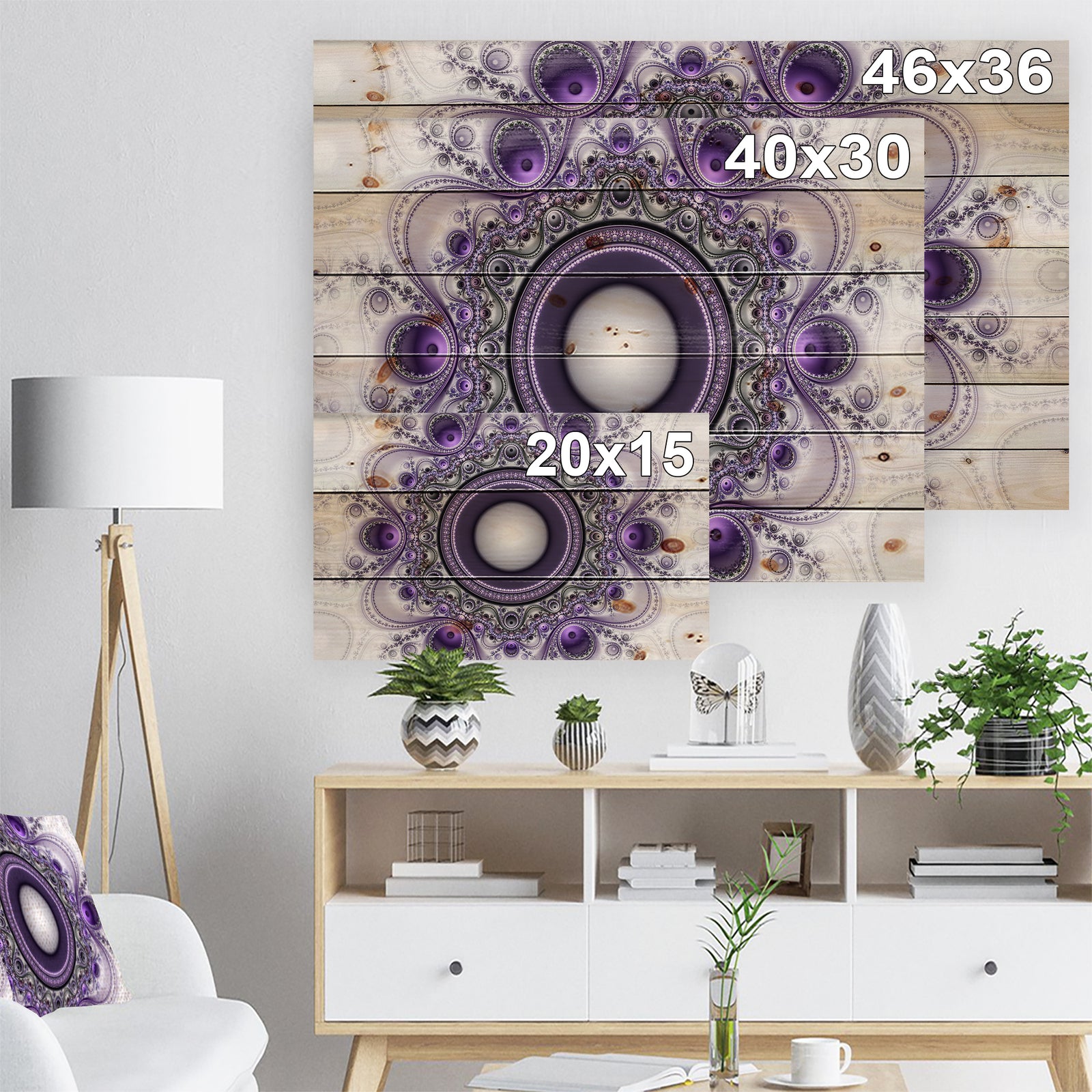 Purple Fractal Pattern with Circles - Abstract Print on Natural Pine Wood