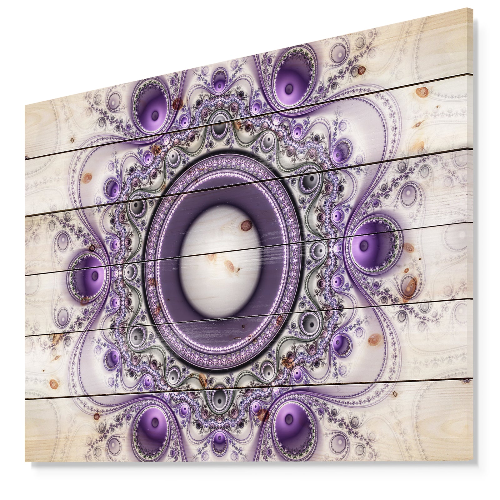 Purple Fractal Pattern with Circles - Abstract Print on Natural Pine Wood