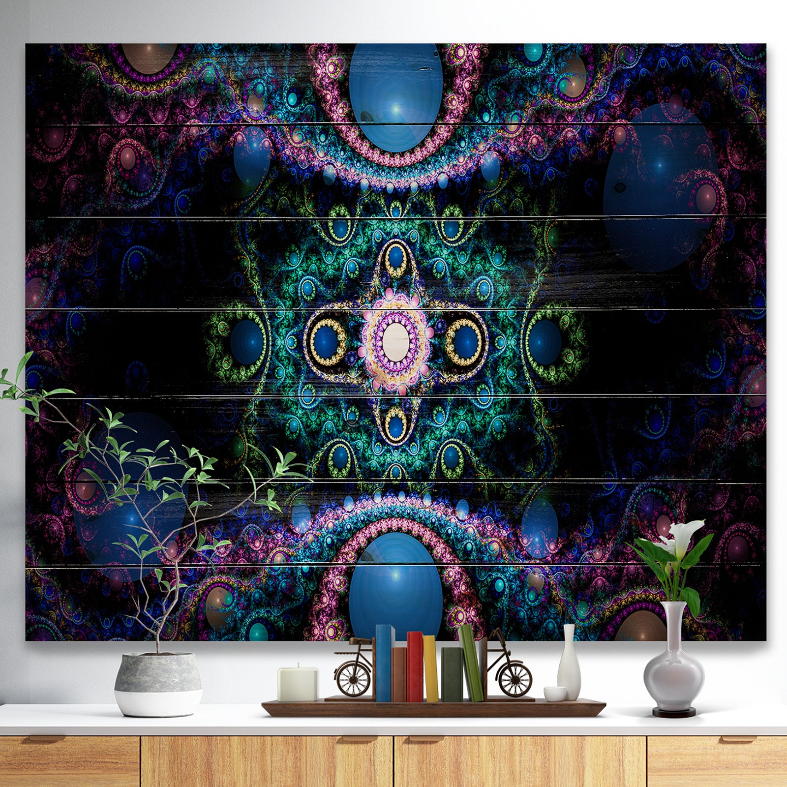 Cabalistic Blue Fractal Pattern - Abstract Print on Natural Pine Wood