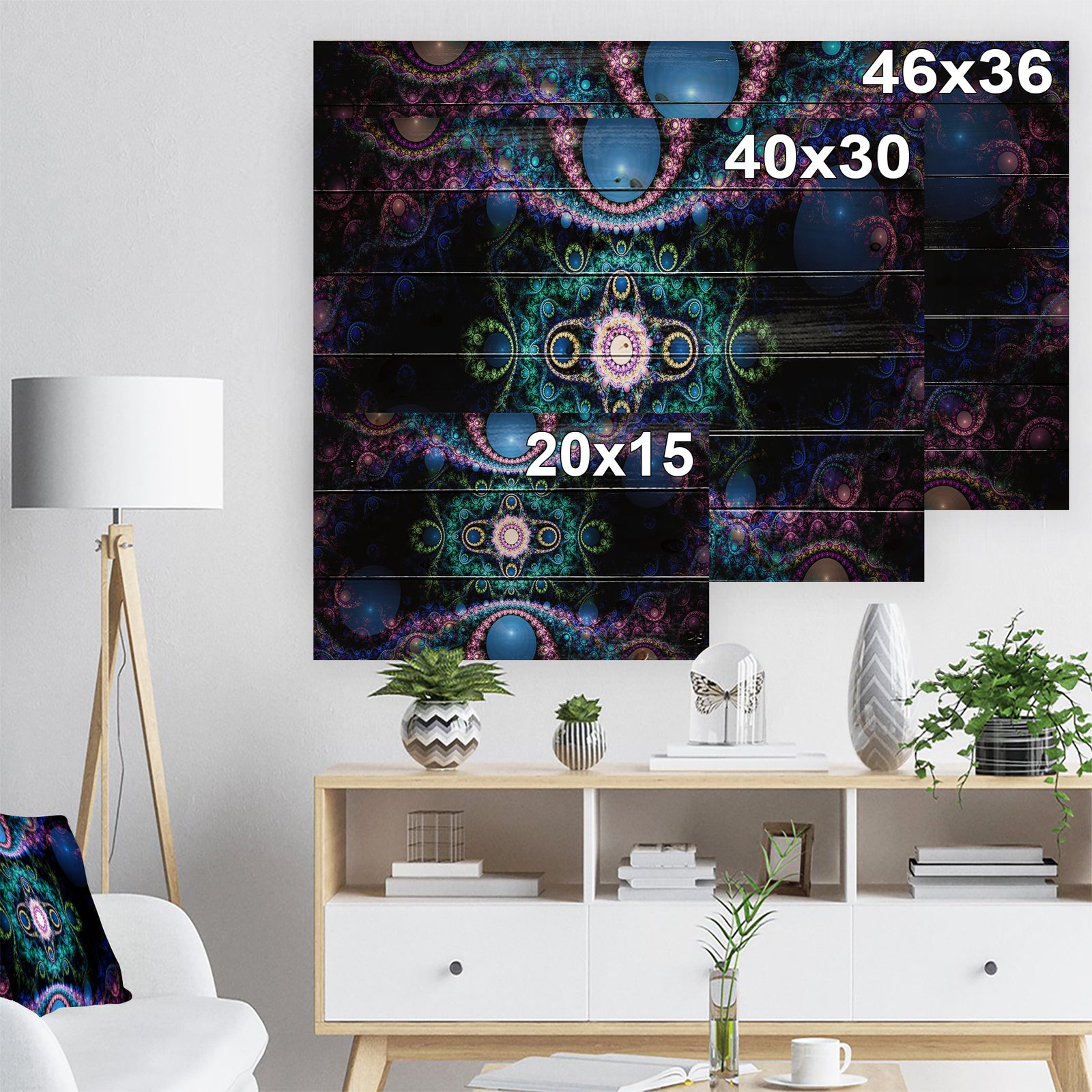 Cabalistic Blue Fractal Pattern - Abstract Print on Natural Pine Wood