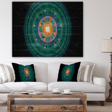 Cabalistic Turquoise Fractal Sphere - Abstract Print on Natural Pine Wood