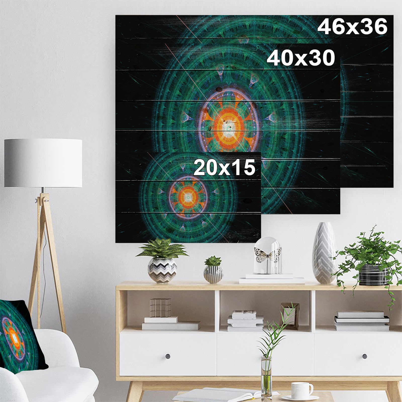 Cabalistic Turquoise Fractal Sphere - Abstract Print on Natural Pine Wood