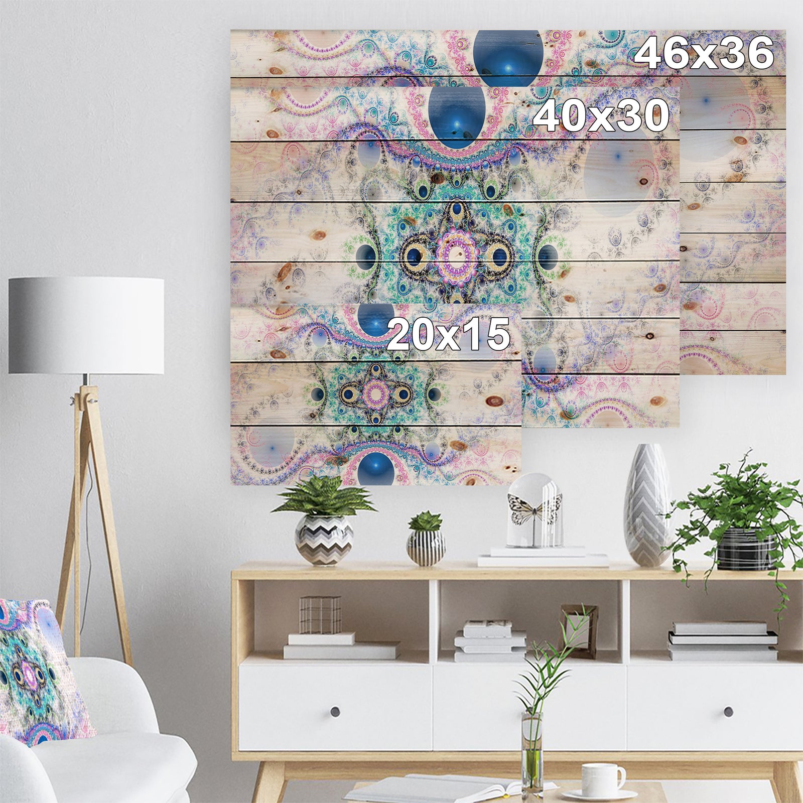 Cryptical Blue Fractal Pattern - Abstract Print on Natural Pine Wood