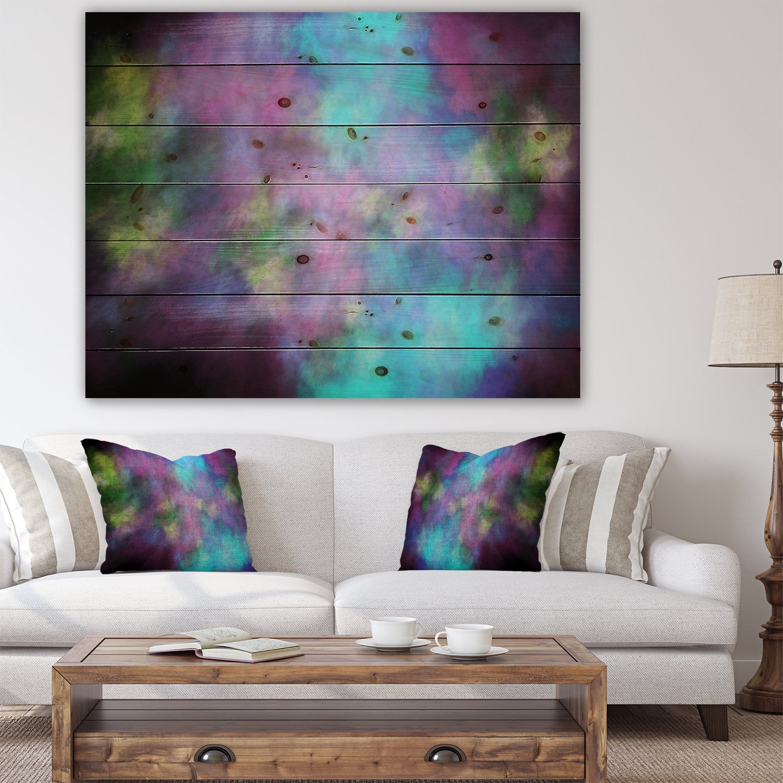 Perfect Blue Purple Starry Sky - Abstract Print on Natural Pine Wood