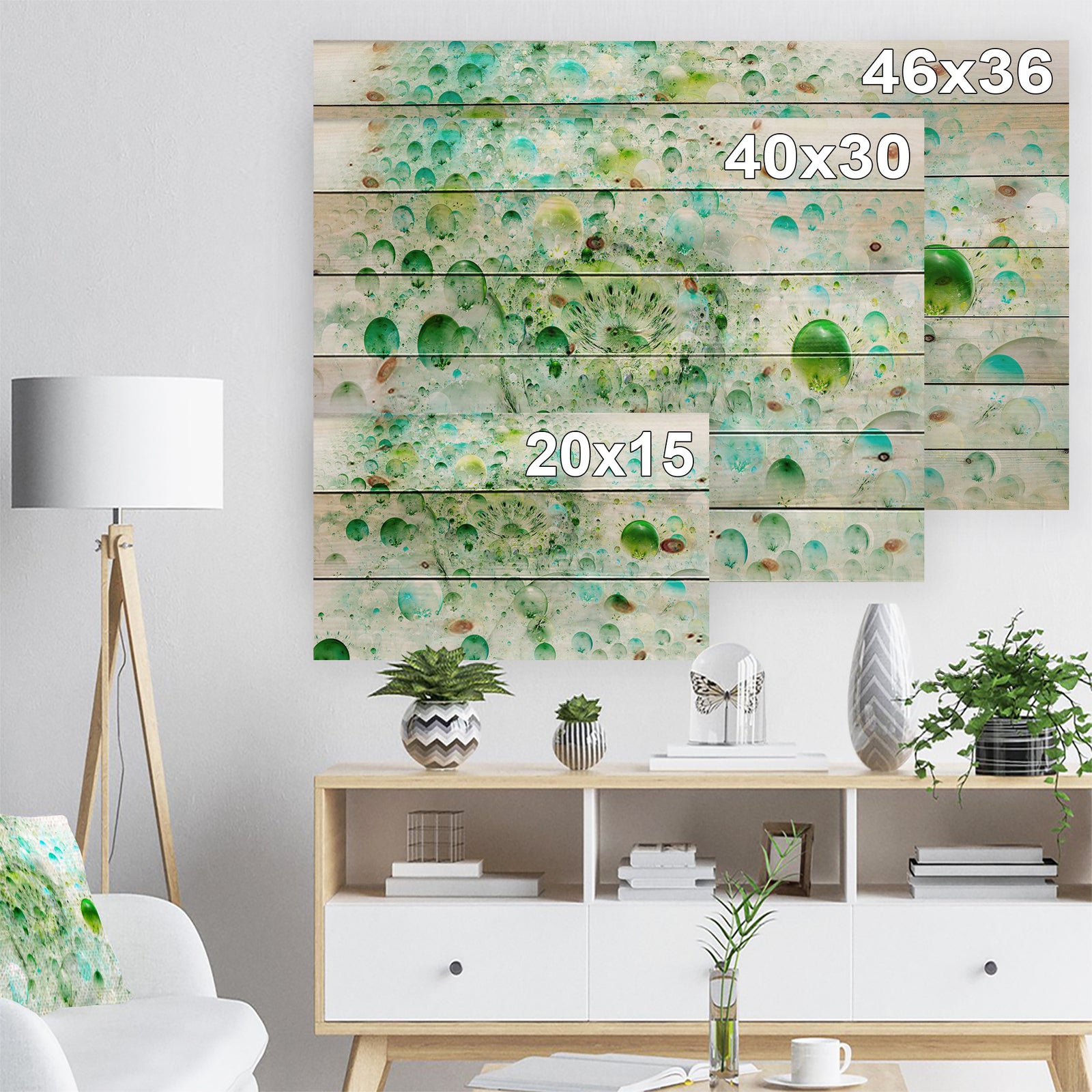 Green Blue Fractal Molecules - Abstract Print on Natural Pine Wood