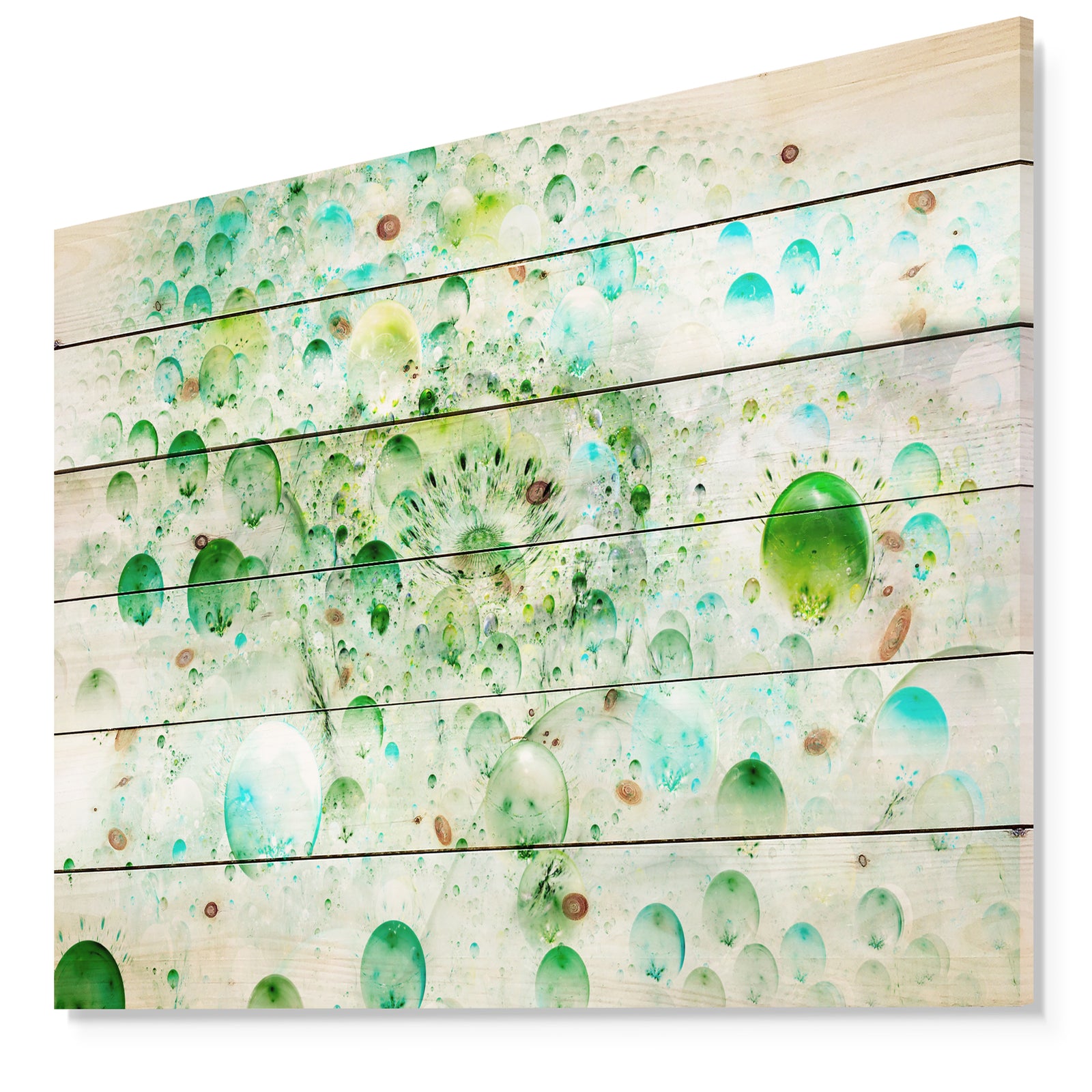 Green Blue Fractal Molecules - Abstract Print on Natural Pine Wood