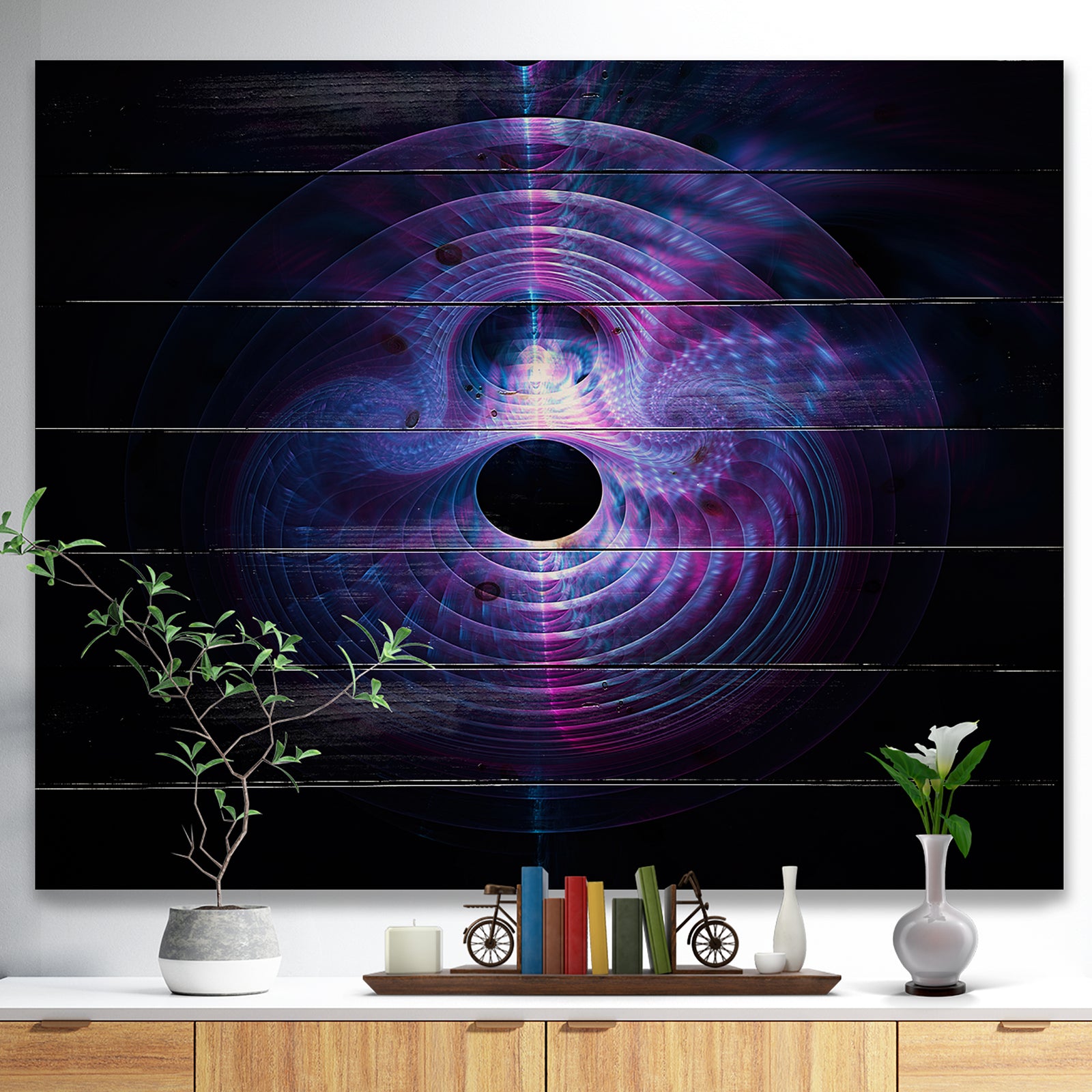 Bright Blue Magical Lights - Abstract Print on Natural Pine Wood
