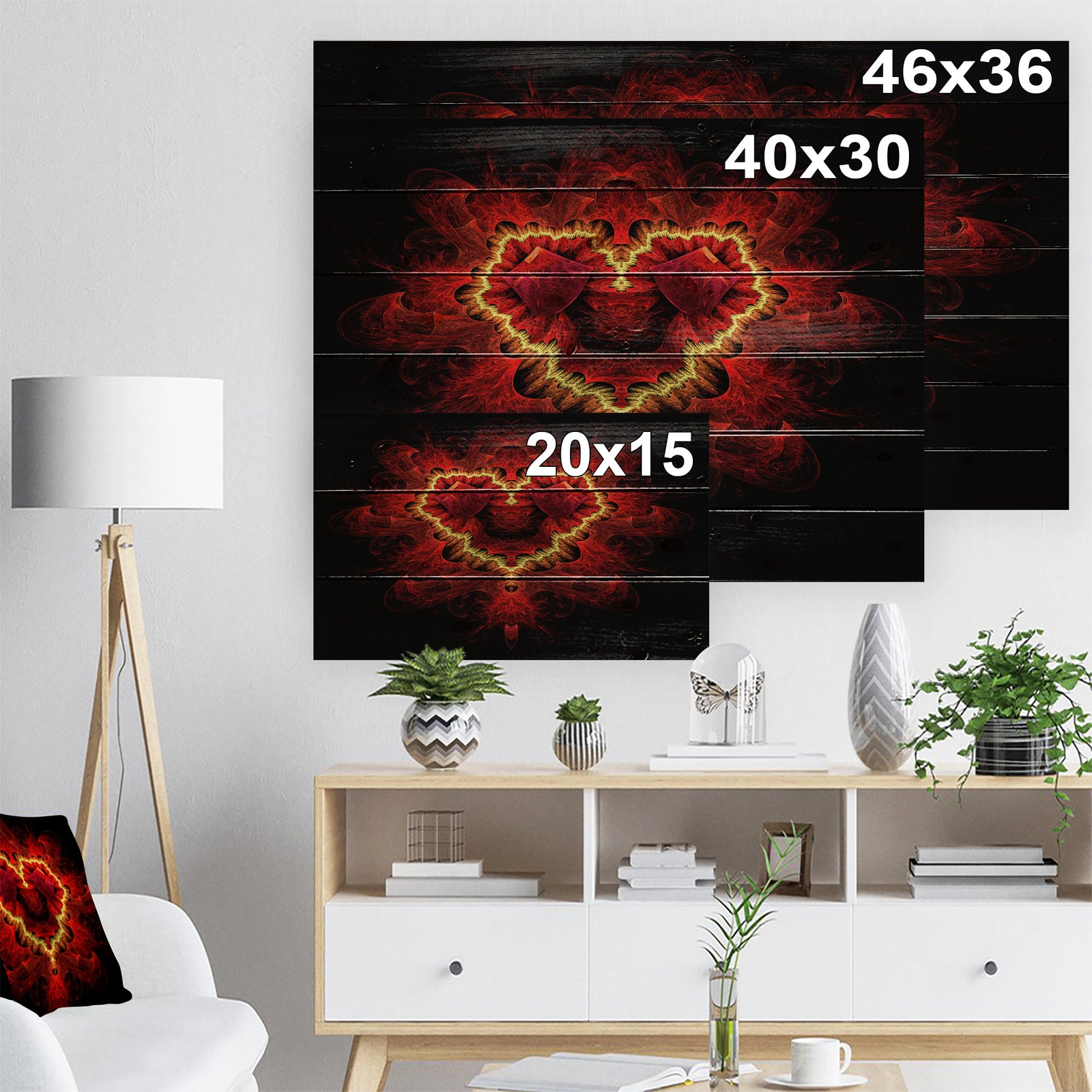 Fractal Red Heart Texture - Abstract Print on Natural Pine Wood