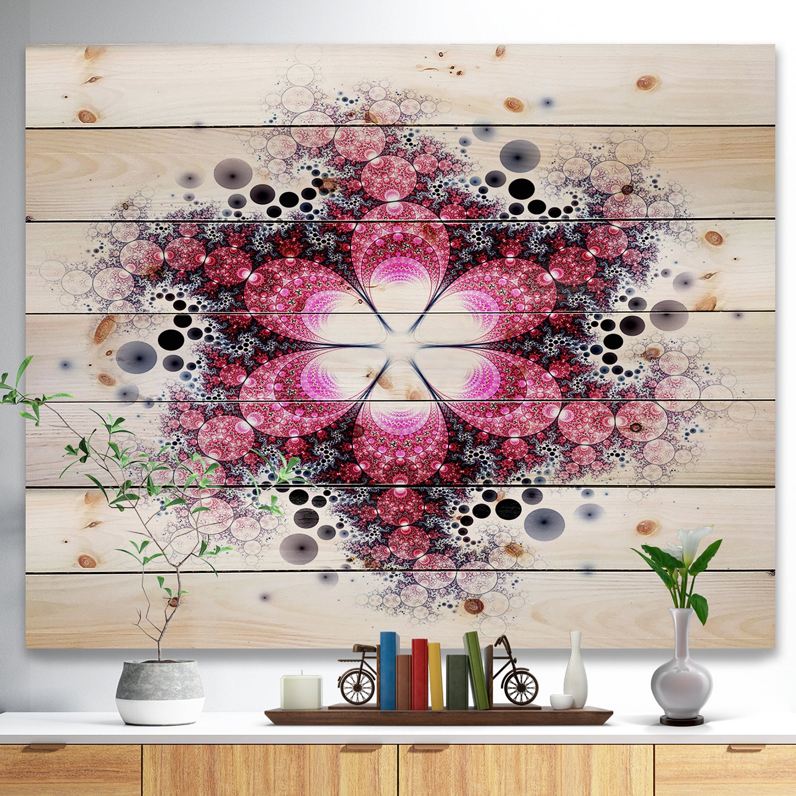 Violet Fractal Flower Pattern - Abstract Print on Natural Pine Wood