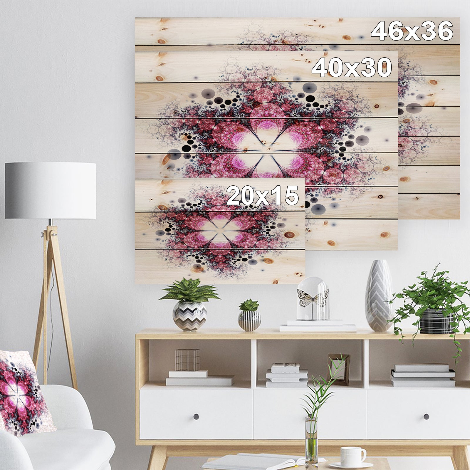 Violet Fractal Flower Pattern - Abstract Print on Natural Pine Wood