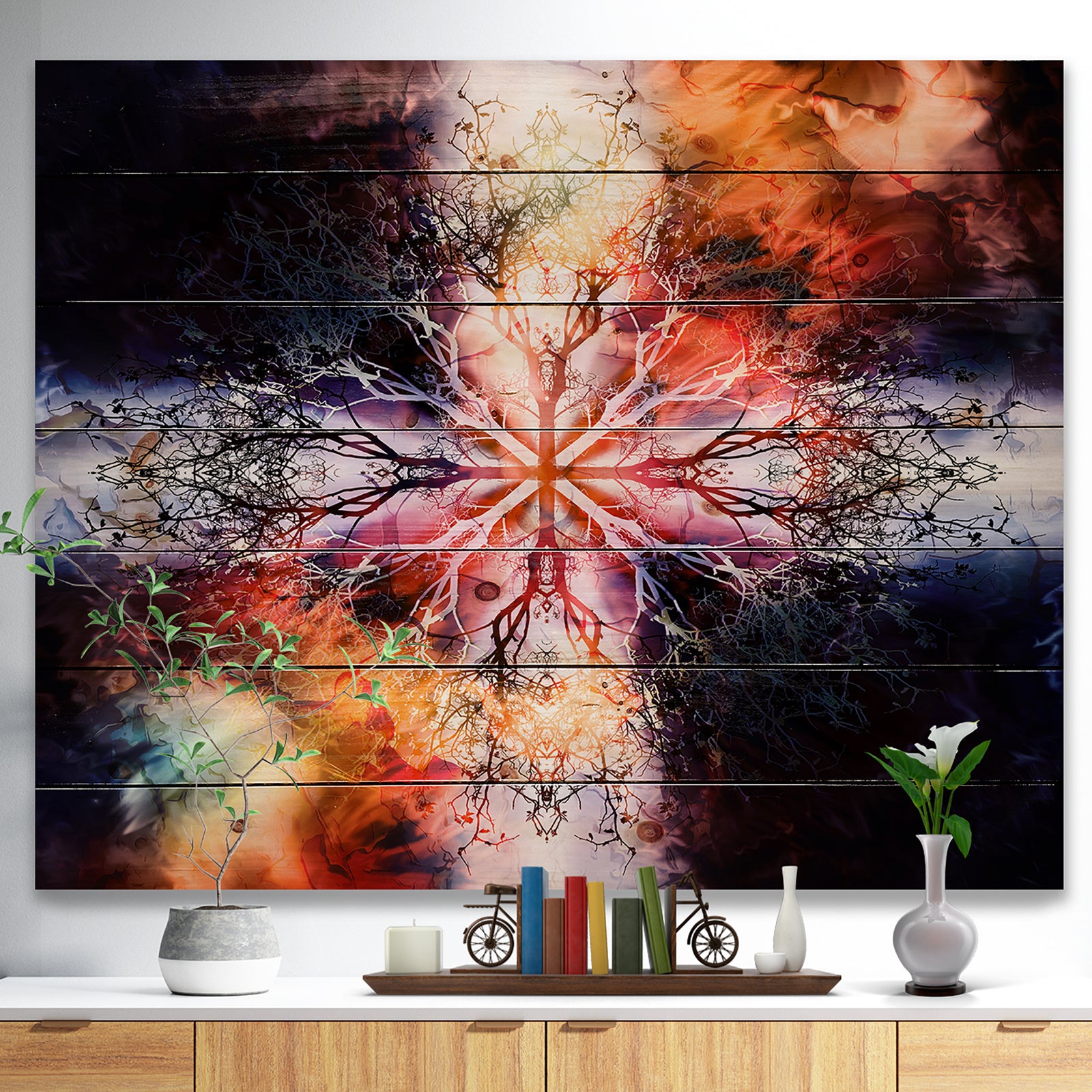Mandala with Tree Pattern - Abstract Print on Natural Pine Wood