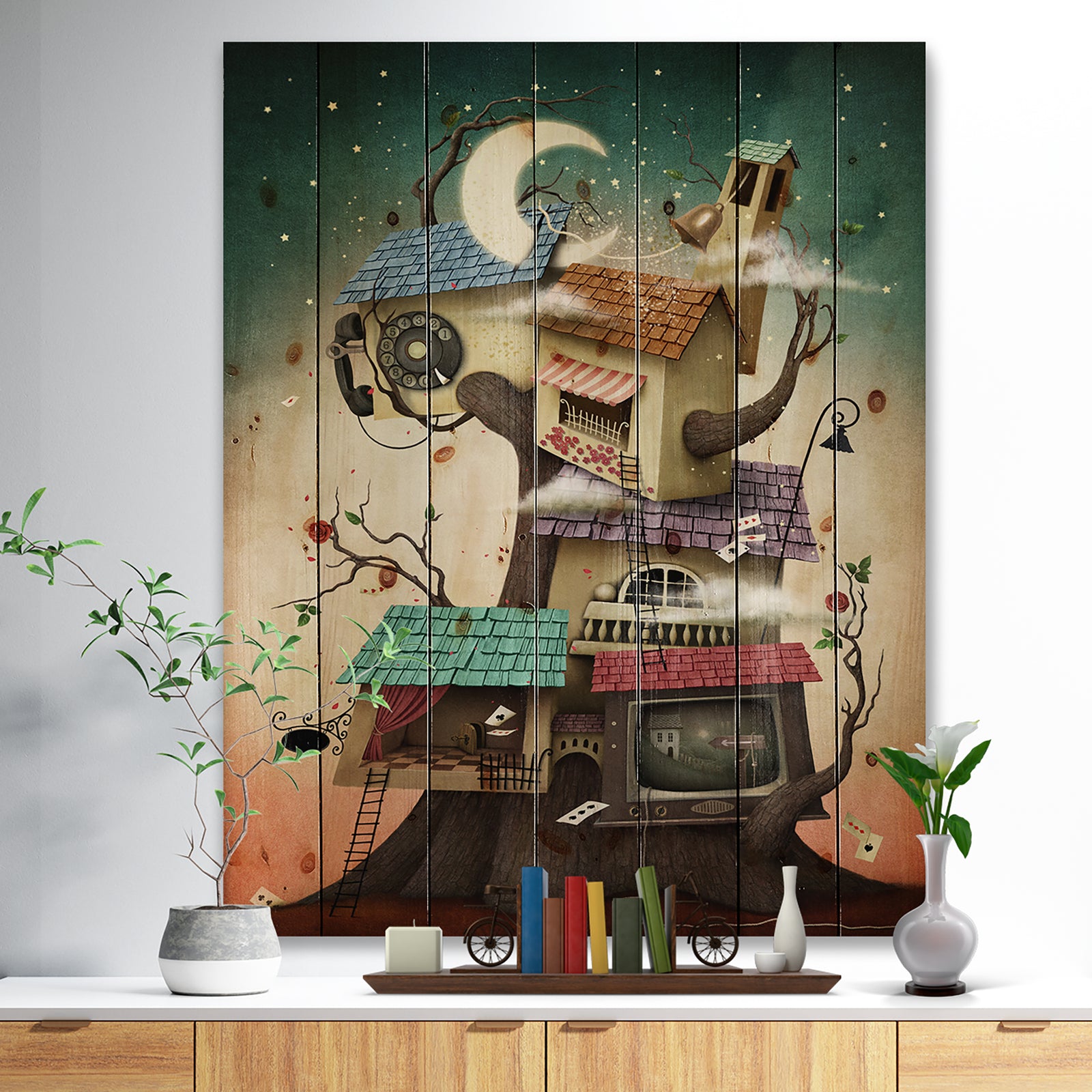 Colorful house on tree in Stary Night - Contemporary Art Print on Natural Pine Wood