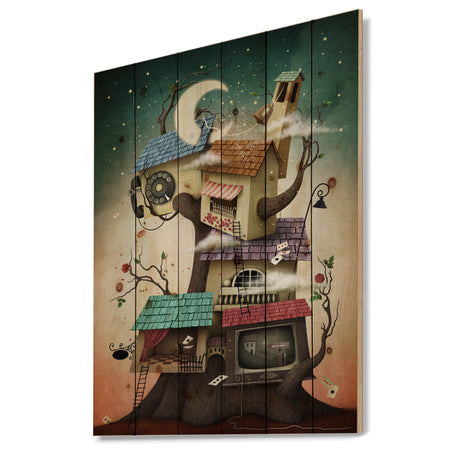 Colorful house on tree in Stary Night - Contemporary Art Print on Natural Pine Wood