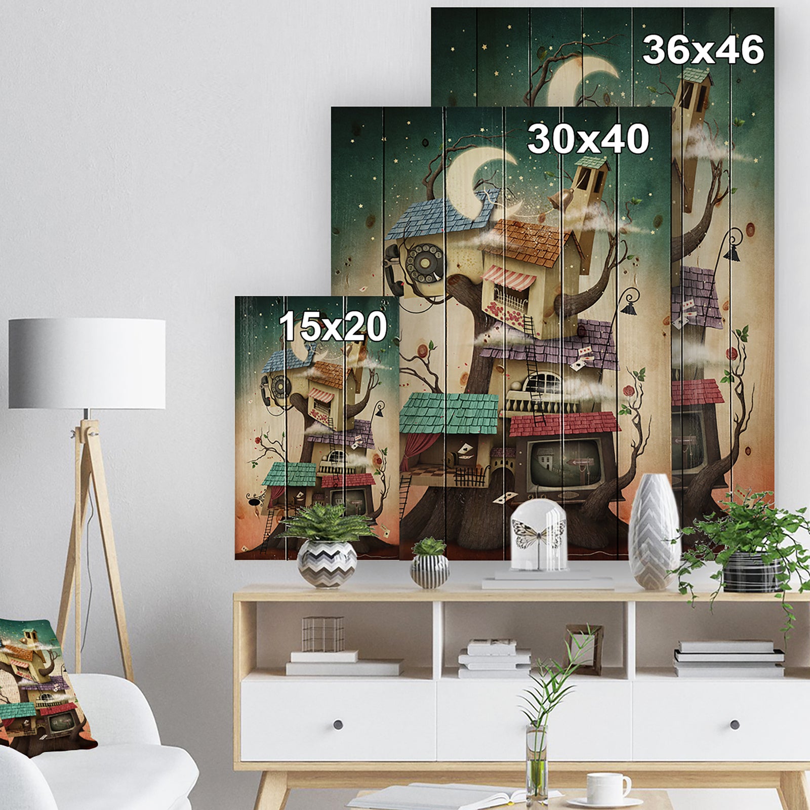 Colorful house on tree in Stary Night - Contemporary Art Print on Natural Pine Wood