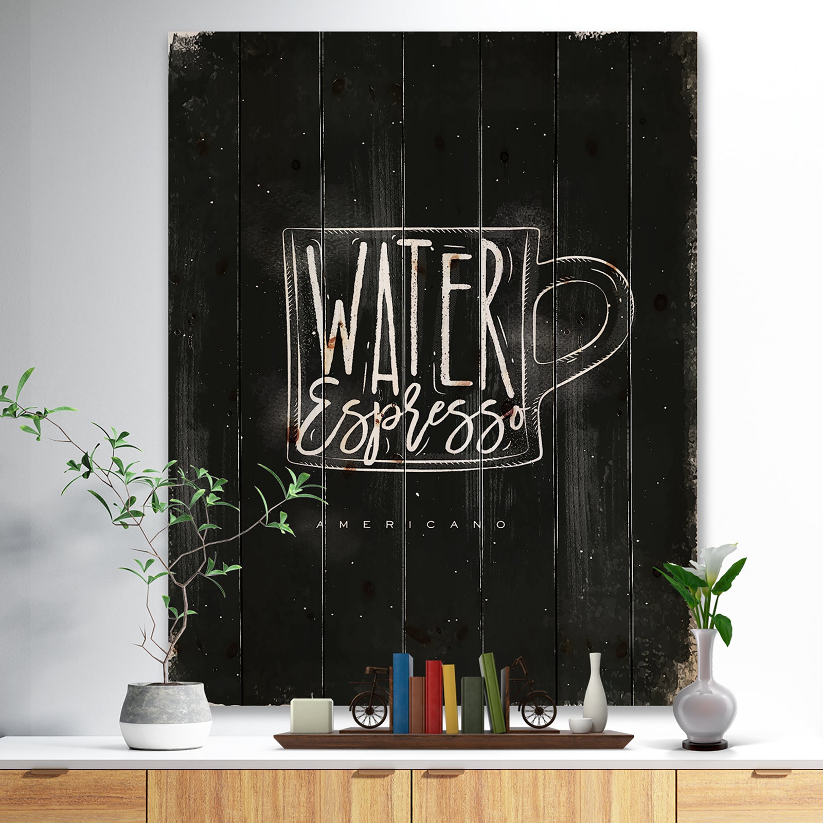 Americano cup coffee chalk - Digital Art Print on Natural Pine Wood