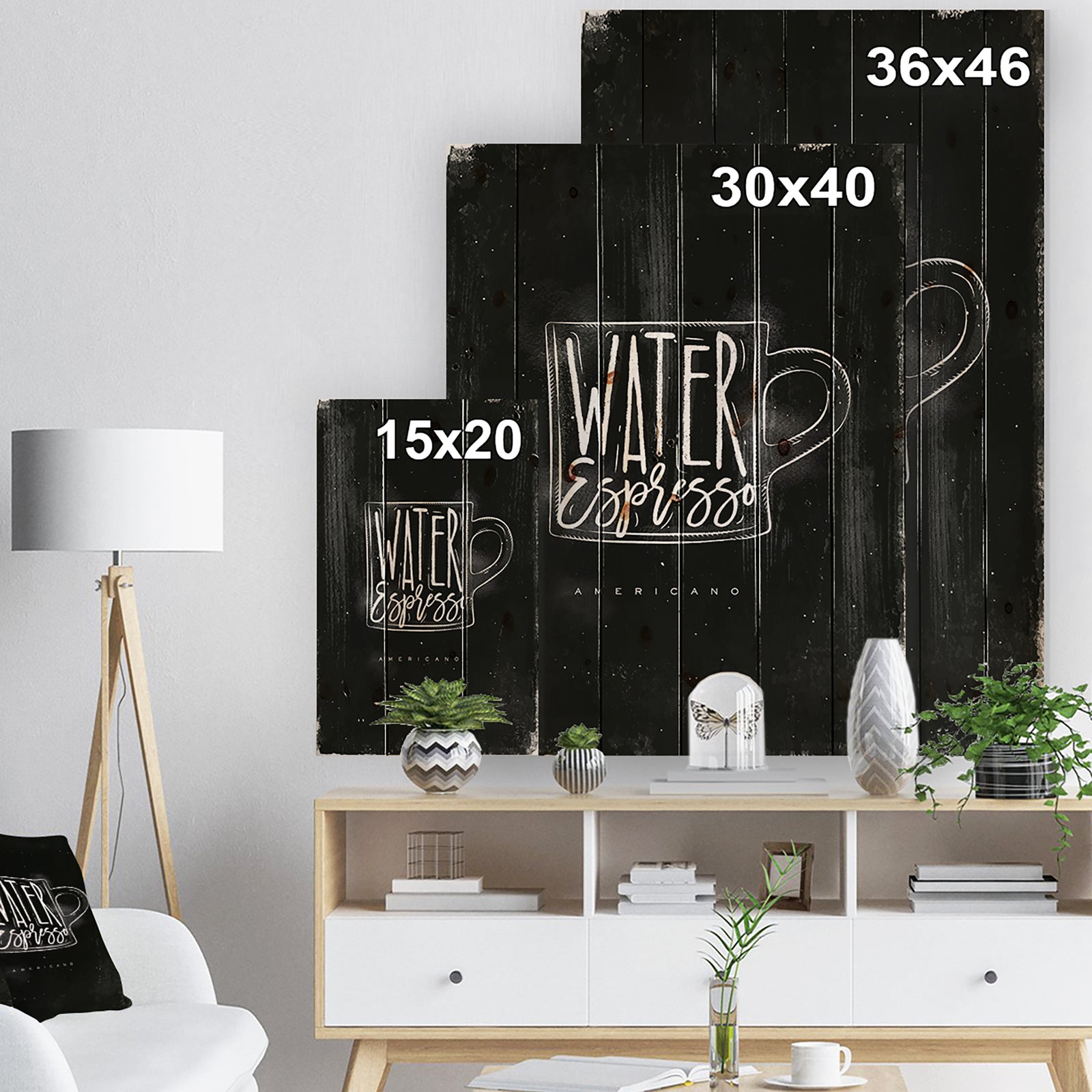 Americano cup coffee chalk - Digital Art Print on Natural Pine Wood