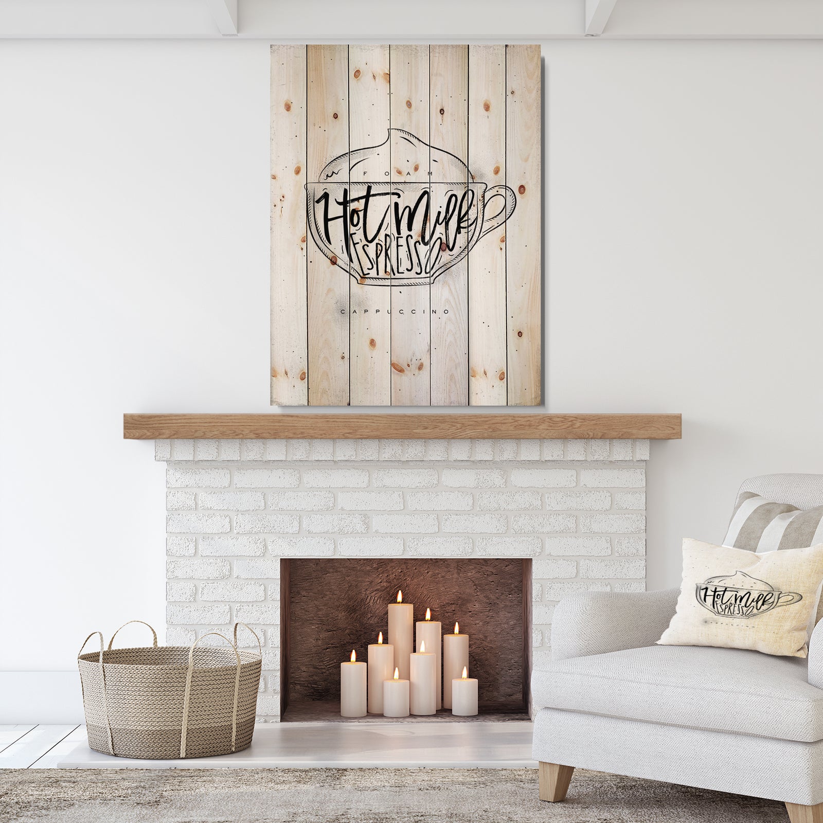Cappuccino cup white - Food Painting Print on Natural Pine Wood