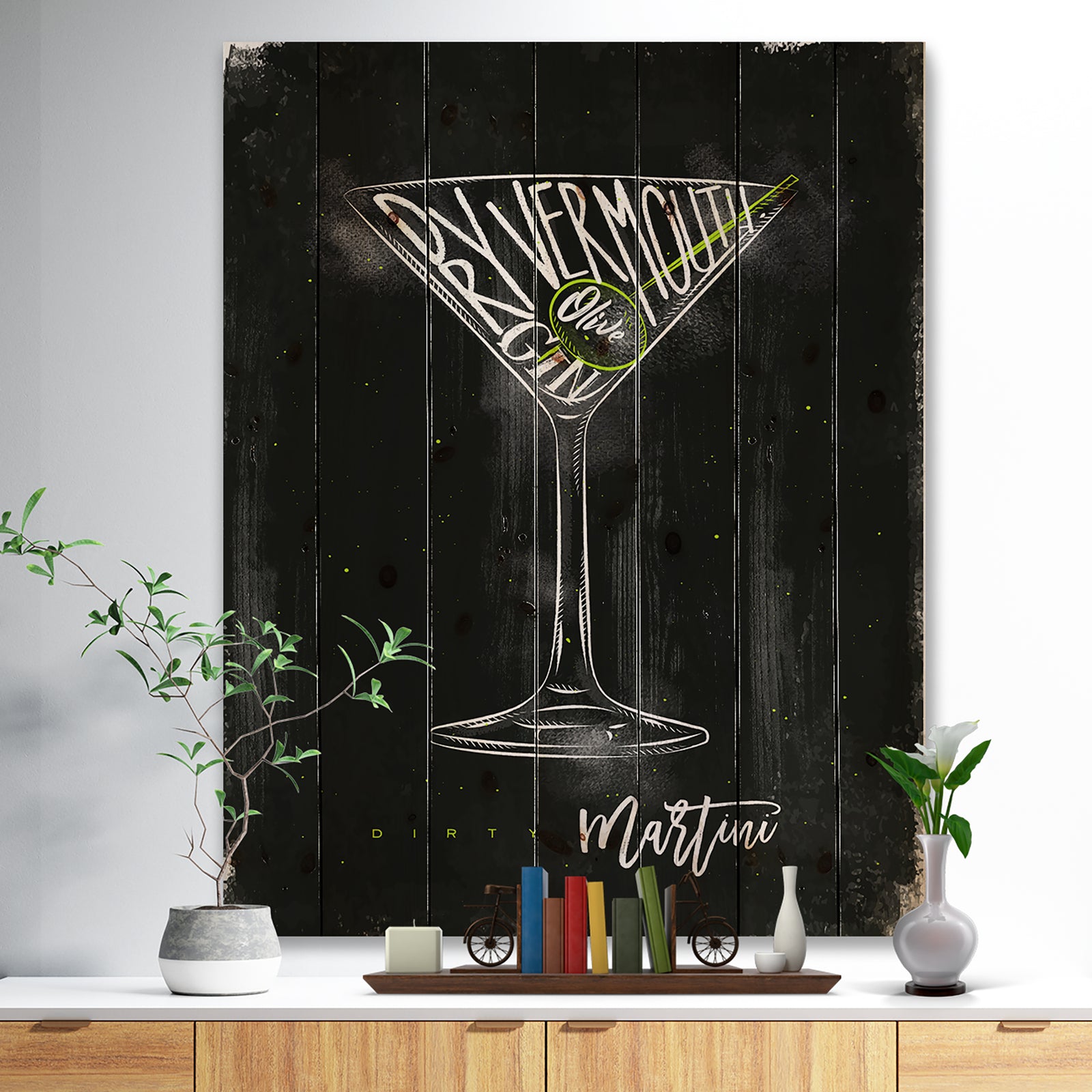 Dirty martini cocktail chalk color - Food Painting Print on Natural Pine Wood