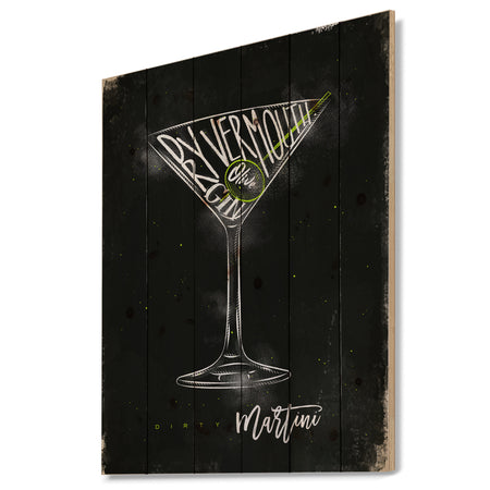 Dirty martini cocktail chalk color - Food Painting Print on Natural Pine Wood