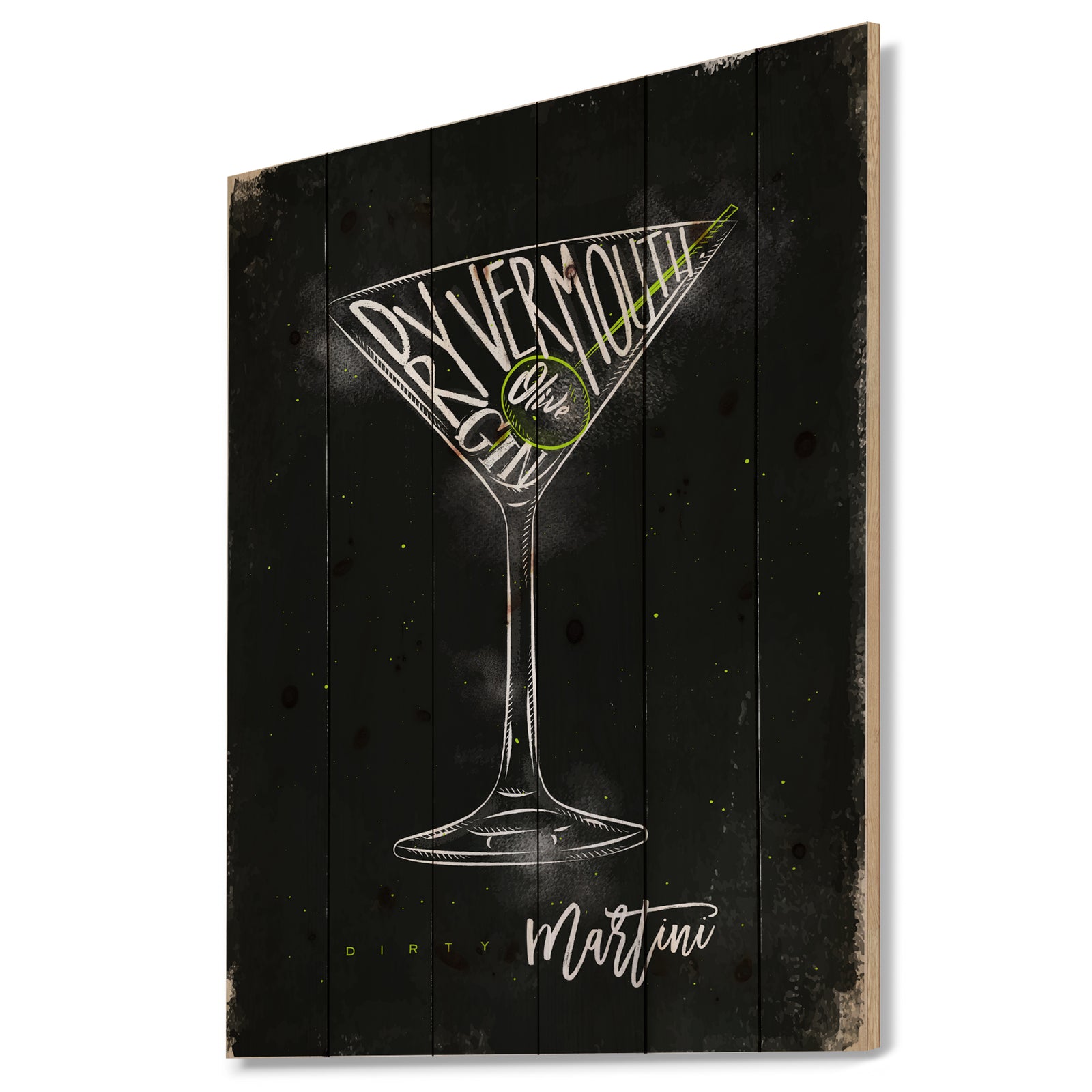 Dirty martini cocktail chalk color - Food Painting Print on Natural Pine Wood