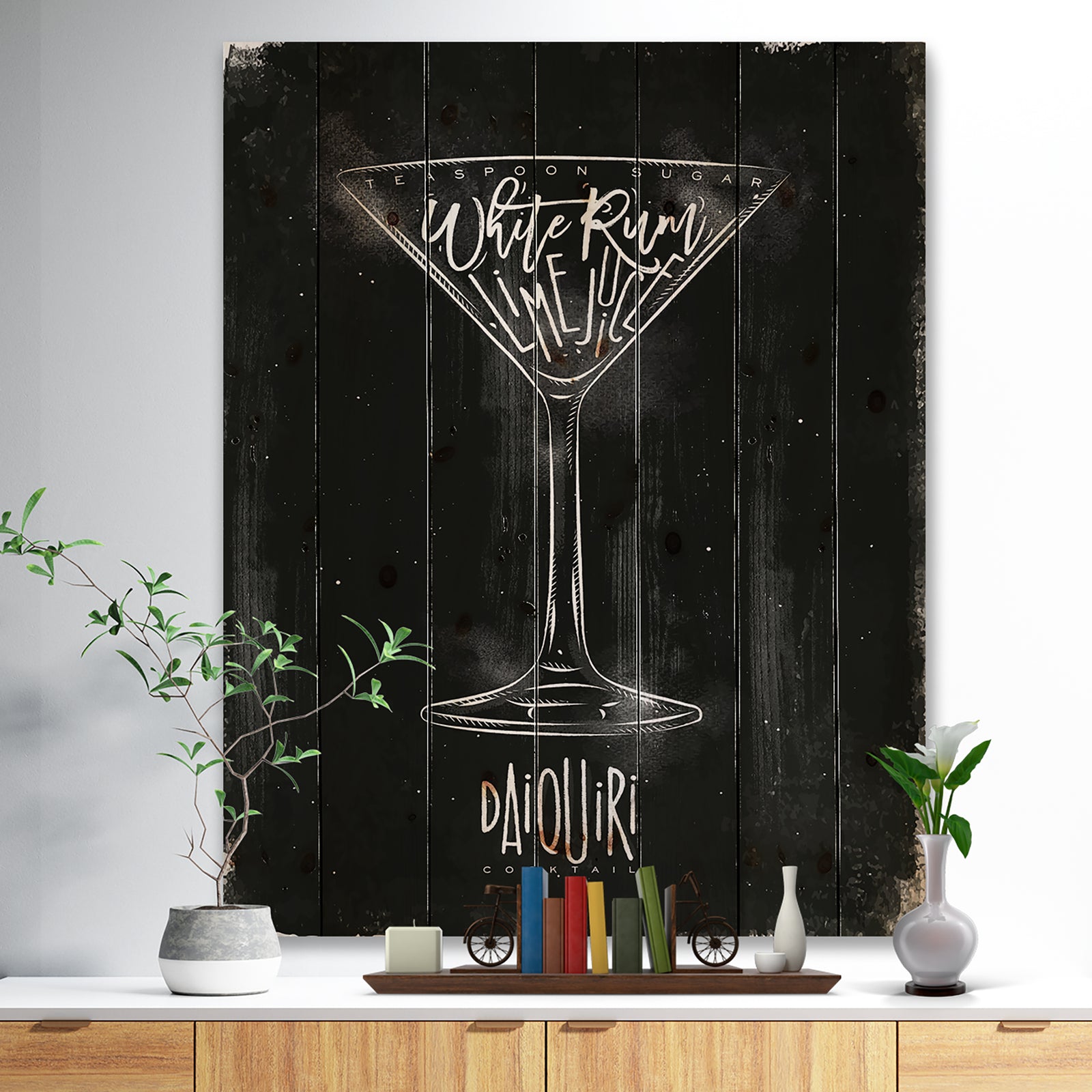 Daiquiri cocktail chalk - Food Painting Print on Natural Pine Wood