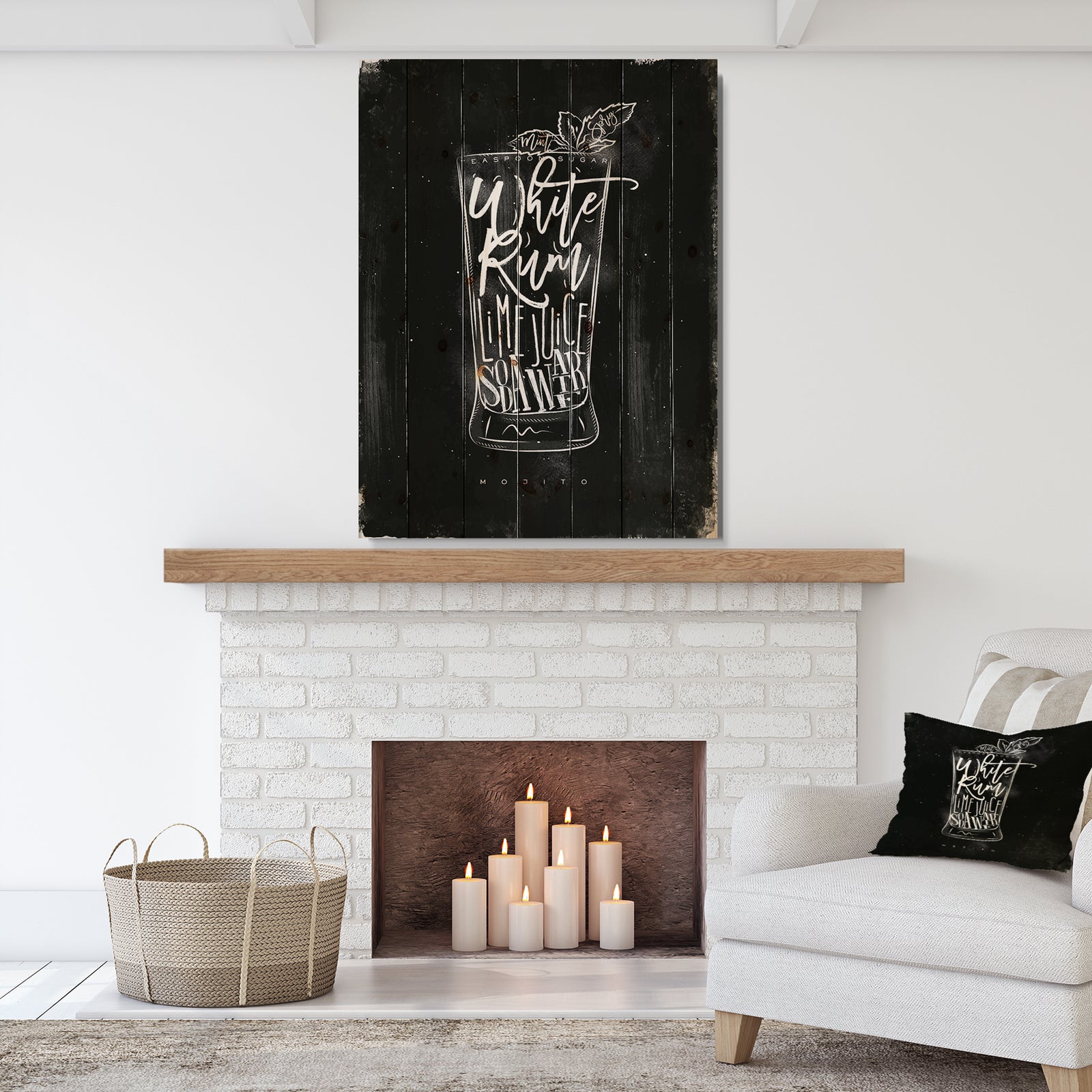 Mojito cocktail chalk - Food Painting Print on Natural Pine Wood