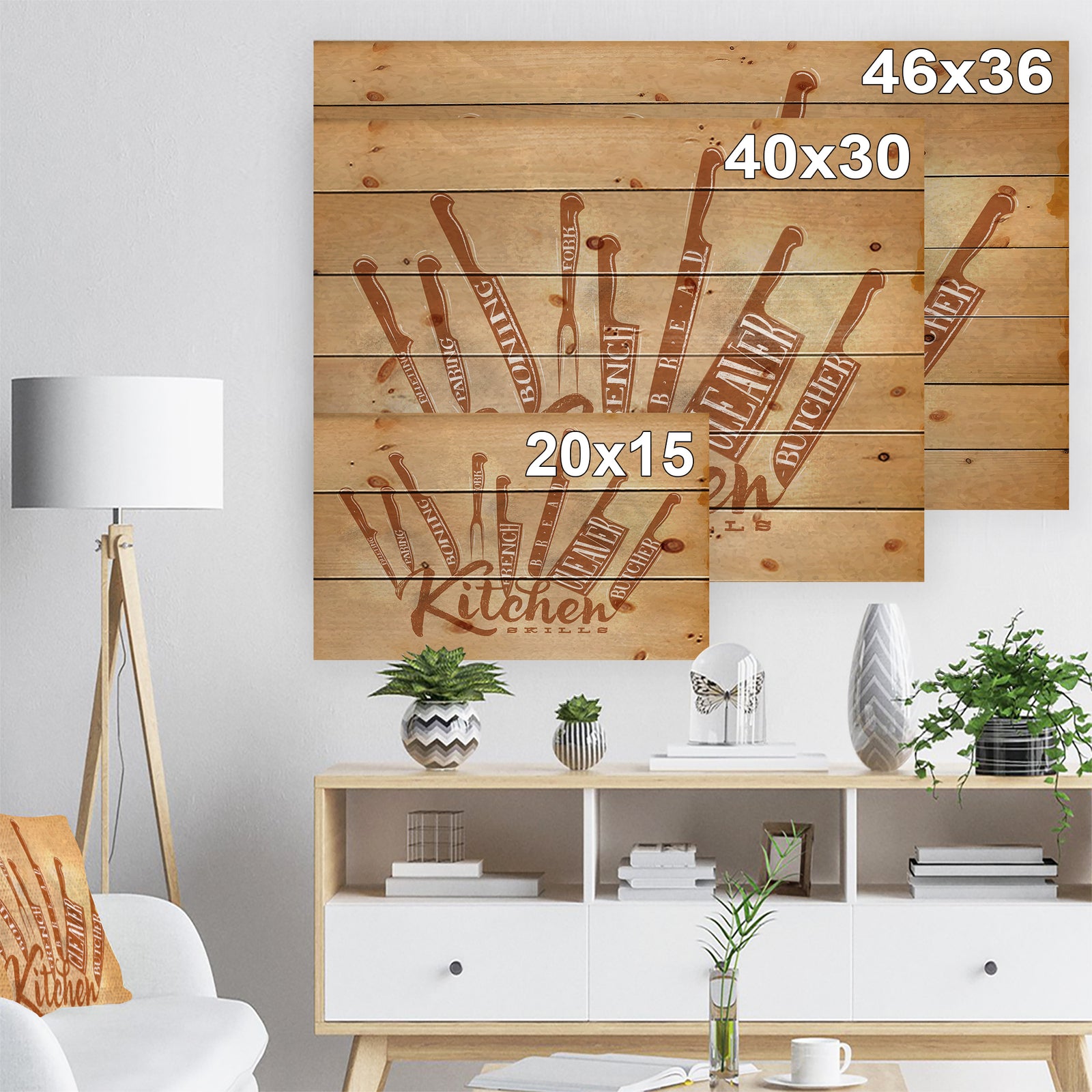 Meat cutting knifes poster craft - Food Painting Print on Natural Pine Wood