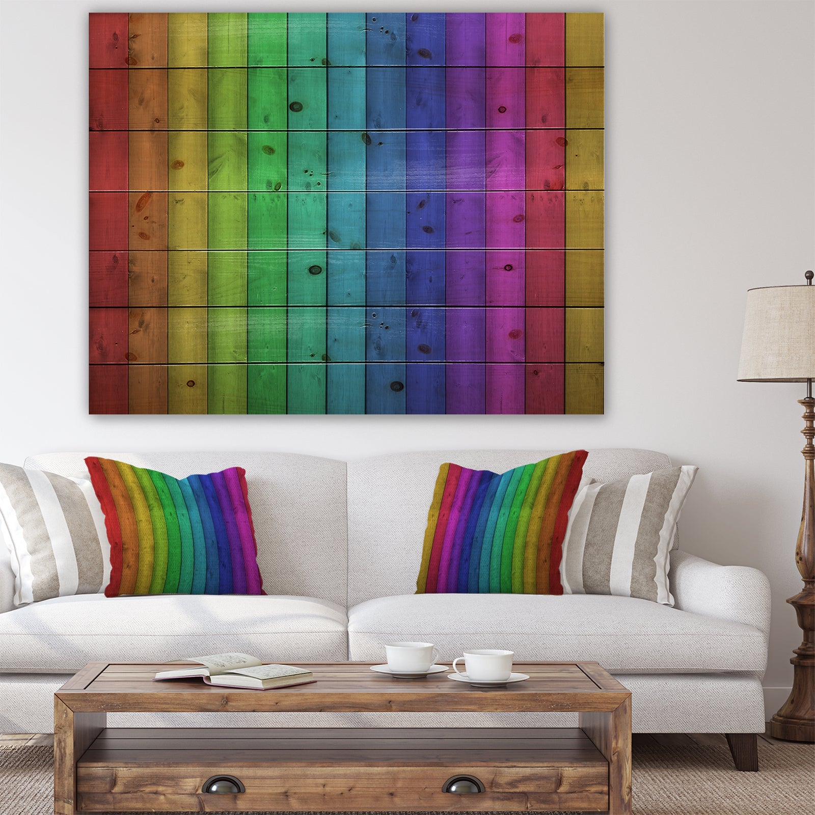 Rainbow Colors On Wooden - Contemporary Painting Print on Natural Pine Wood