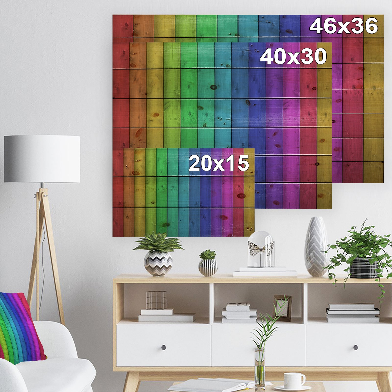 Rainbow Colors On Wooden - Contemporary Painting Print on Natural Pine Wood
