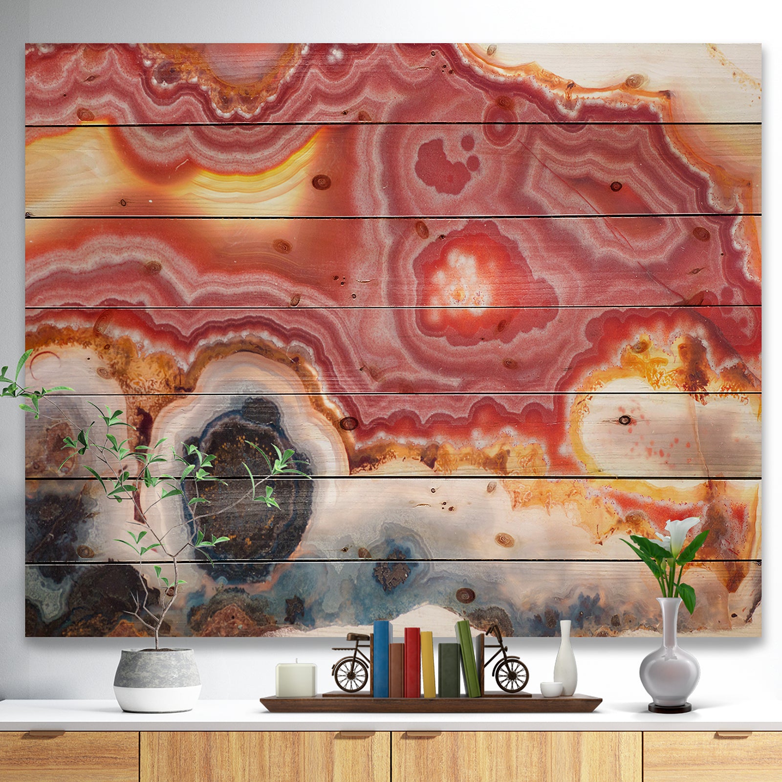 Round Rough Agate mineral sample -Stone Print on Natural Pine Wood