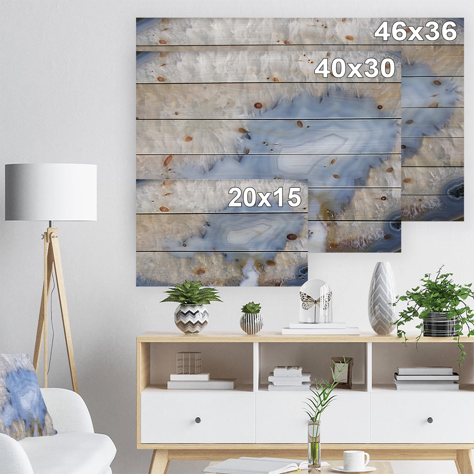 Blue agate -Stone Print on Natural Pine Wood