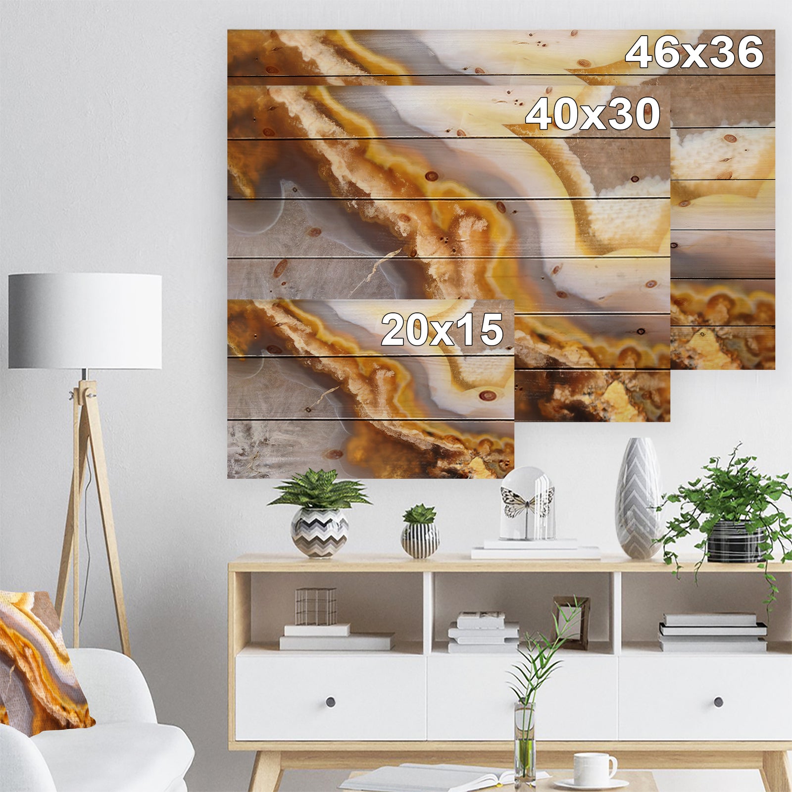 Natural brown agate at crystals -Stone Print on Natural Pine Wood